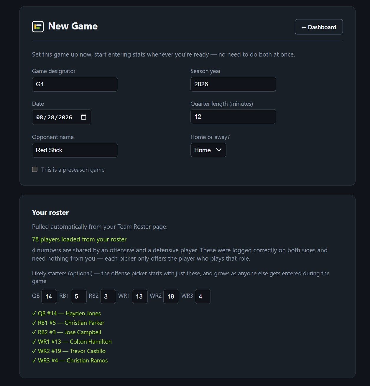 New game setup with starters chosen