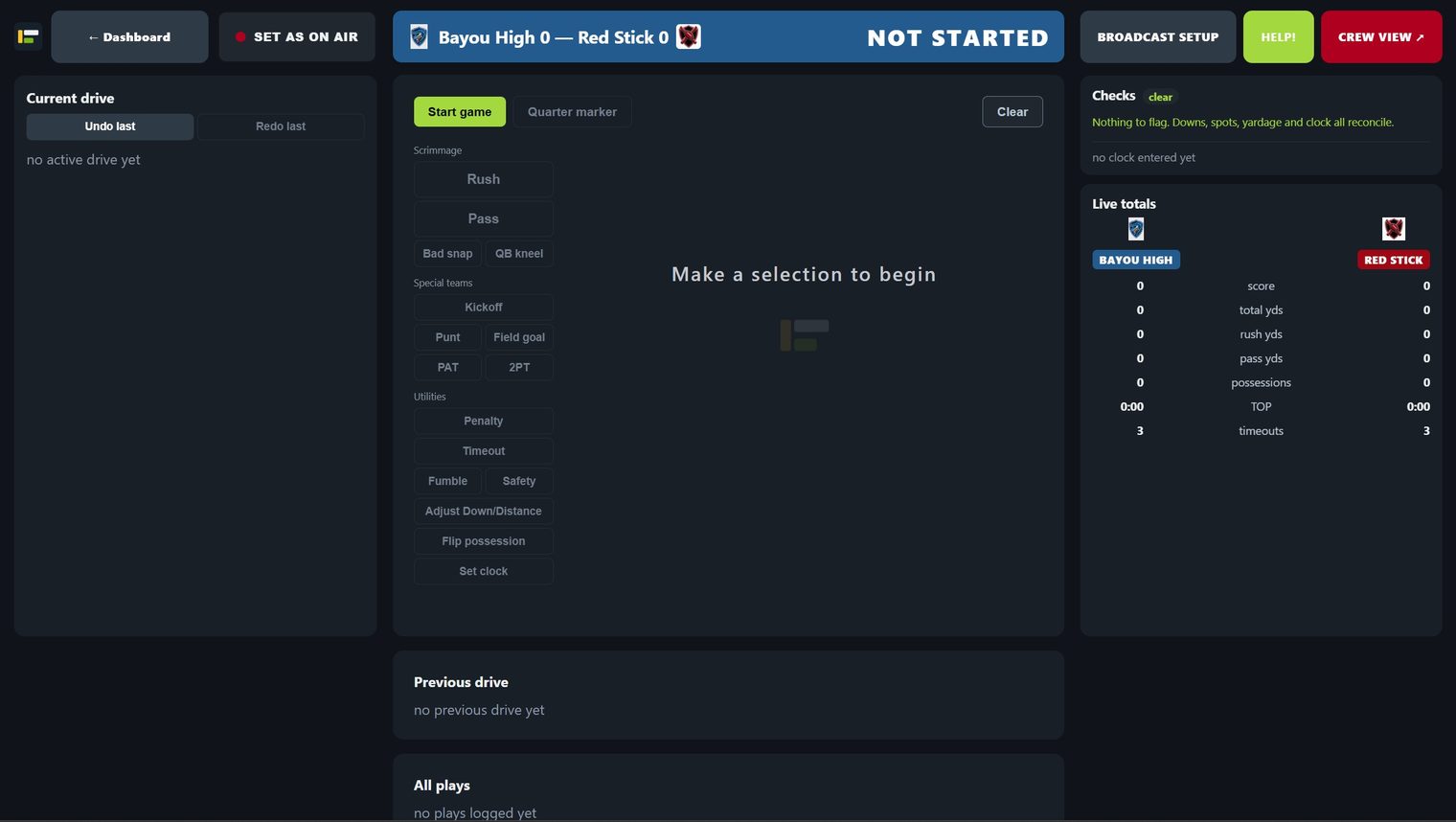 The game page before kickoff